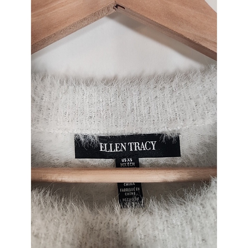 Ellen Tracy Fuzzy Eyelash Chenille Sweater Sparkle Metallic White Womens XS - Picture 2 of 15